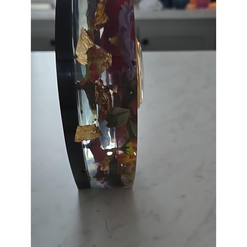 Handmade Resin Desk Mantle Heart Clock Big 2 Inches Thick Flowers Pearls 734 - Picture 10 of 11